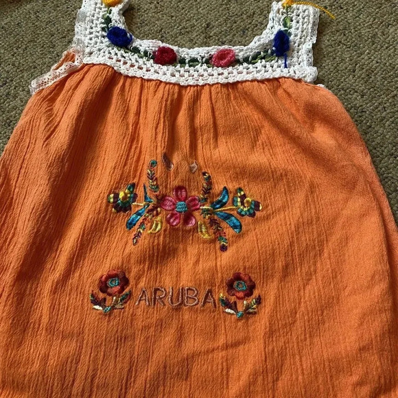 VTG Aruba Girl Sun Dress Sz 8 Orange Floral Embroidered Crochet Casual Beachy - Picture 3 of 7